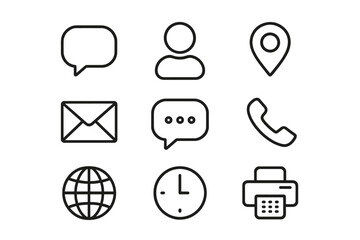 Poster - Contact us line icon set for business card and website. Vector symbols of communication: phone, mobile, address, message, mail, chat, user, and web pictogram.