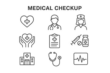Fototapete - Medical checkup line icon set. Medicine, healthcare, and treatment symbols. Doctor, nurse, hospital, cardiology, and pharmacy outline icons for web and mobile. Vector graphic.
