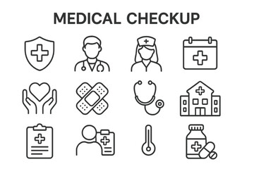 Poster - Medical checkup line icon set. Medicine, healthcare, hospital, doctor, nurse, treatment, and pharmacy icons. Health care and medical symbols. Linear outline vector graphic.