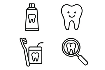 Poster - Dentistry icon set. Oral hygiene and dental care concept. Tooth, toothpaste, toothbrush, floss, and dental checkup outline icons. Healthy teeth vector pictogram collection.
