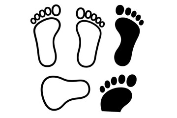 Human footprint vector icon set. Black silhouette and outline of bare feet. Flat linear design for walking path, step, or travel concept. Trace track symbol illustration.