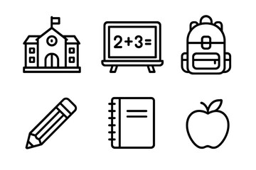 Poster - Back to School line icon set. Education and learning concept symbols. School building, chalkboard, backpack, pencil, notebook, and apple vector outline illustration.