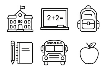 Poster - School day outline icon set. Back to school concept with building, chalkboard, backpack, pencil, notebook, bus, and apple. Education and learning vector symbols collection.