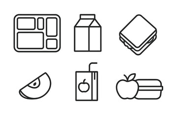 Poster - School lunch line icons. Vector outline icon set for education & nutrition concepts. Cafeteria food elements like tray, milk carton, sandwich, apple, juice box & lunchbox.