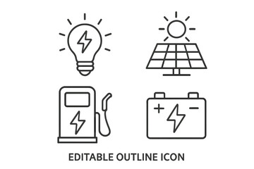 Poster - Energy and power source thin line icon set. Renewable technology, solar panel, lightbulb idea, electricity, EV charging station, battery storage. Vector symbol for web.
