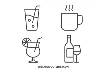 Aufkleber - Set of 4 drink and beverage icons in a modern flat linear style. Vector graphic collection of coffee, wine, cocktail, and soda symbols for web, apps, and UI design. Editable outline.