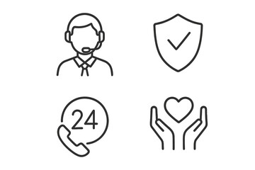 Poster - Customer support line icon set. Call center operator, 24-7 service, security shield, and care concepts. Vector linear pictograms for website UI, mobile app, and business.
