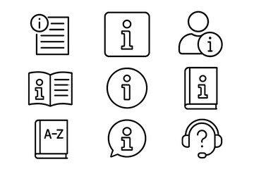 Poster - Info line icon set for help and support. Vector outline icons for instruction manual, guide, reference book, dictionary, user profile, FAQ, and customer service center.