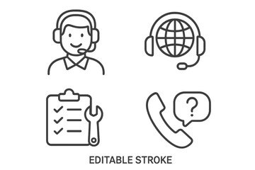 Poster - Set of 4 customer service line icons. Call center agent, global helpdesk, technical support checklist, FAQ phone call. Vector symbols for web and apps. Editable stroke.