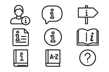 Poster - Information line icon set. Instruction, rule, and guide symbols. Info center, manual, and reference book icons. Dictionary, help, and FAQ outline pictograms vector.