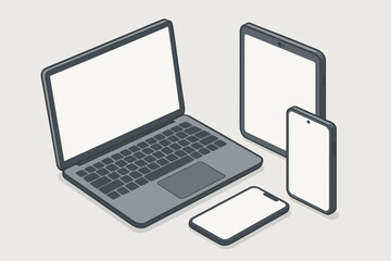 Aufkleber - Isometric mockup of digital devices: laptop, tablet and two smartphones with blank screens, vector illustration for web design, app UI showcase, tech gadgets concept