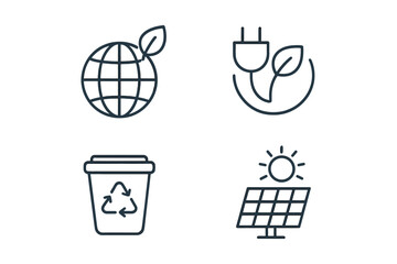 Poster - Ecology and environment icon set. Green energy, recycling bin, solar panel, and eco planet symbols. Thin line vector illustration for web, app, and sustainability concept.