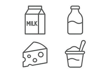 Fototapete - Set of 4 dairy product icons. Milk carton, cheese wedge, yogurt cup, glass bottle. Farm fresh food concept. Healthy nutrition, calcium, protein. Linear outline vector.