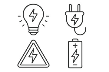 Fototapete - Electricity power line icon set. Collection of simple linear vector symbols for energy concepts. Light bulb for ideas, charging plug, battery, and high voltage warning sign.
