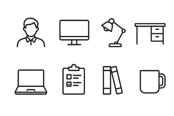 Fototapete - Office workplace line icon set. Business employee, freelancer and equipment vector icons. Outline pictogram collection for web, app. Desk, computer, lamp and checklist.