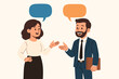 © Jamine - Business conversation between female employee and male colleague in office, teamwork communication discussion, speech bubbles, vector cartoon illustration on light background