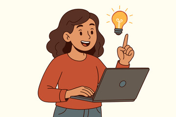 Poster - Female software developer holding laptop, pointing at glowing light bulb inspiration; woman programmer brainstorming innovative coding ideas, remote work cartoon vector illustration