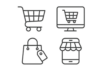Fototapete - E-commerce and shopping line icon set. Vector symbols for online store, mobile app, and web design. Includes shopping cart, computer monitor, bag, and smartphone store.