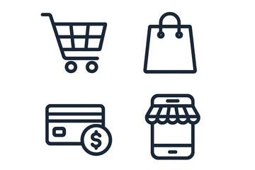Poster - E-commerce and shopping line icon collection. Vector symbols for online store, digital marketing, and retail business. Set includes cart, bag, credit card payment, and mobile app.