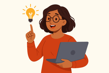 Poster - Female software developer holding laptop pointing finger at glowing lightbulb idea concept innovation brainstorming creativity woman coder tech cartoon vector illustration