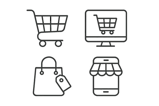 E-commerce and shopping line icon set. Vector symbols for online store, mobile app, and web design. Includes shopping cart, computer monitor, bag, and smartphone store.
