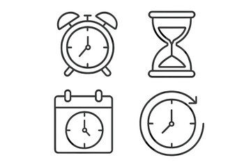 Poster - Time management vector icon set. Linear icons of alarm clock, hourglass, calendar. Conceptual symbols for deadline, schedule, productivity, date, and history. Editable outline.