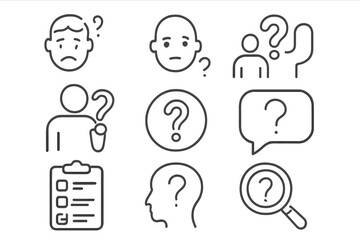 Poster - Question line icon set. Icons for problem, confusion, asking, and questioning. Includes question mark, survey, search, and FAQ symbols. Thin line vector pictograms.