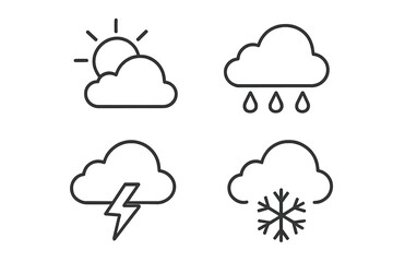 Fototapete - Weather icon set. Sunny, rain, storm, and snow symbols. Vector line art for web and mobile apps. Meteorology forecast signs. Editable outline graphic elements.