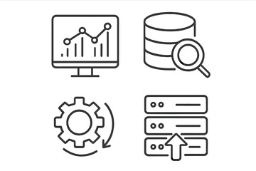 Fototapete - Data analysis and database management line icon set. Icons for data processing, server storage, information retrieval, and optimization. Analytics chart and graph symbol.
