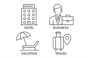 Poster - Travel and vacation linear icon set. Outline pictograms for business trip, hotel booking, tourism. Hotel building, businessman, luggage, and holiday symbols collection.