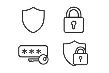 Fototapete - Security line icon set. Web safety and cyber protection concepts. Vector outline symbols of shield, padlock, password, key for data privacy, authentication, secure access.