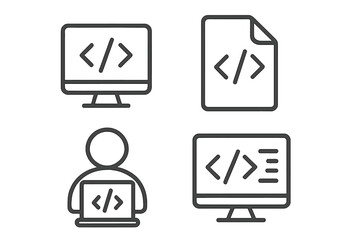 Fototapete - Programming and coding line icons set. Outline pictograms for software development. Web developer with laptop, code on computer screen, and html file vector symbols.