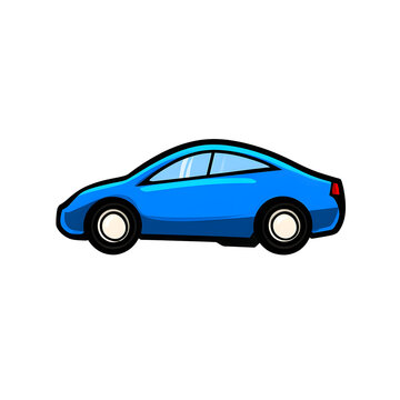 Vibrant blue cartoon car illustration against a stark black background featuring sleek design