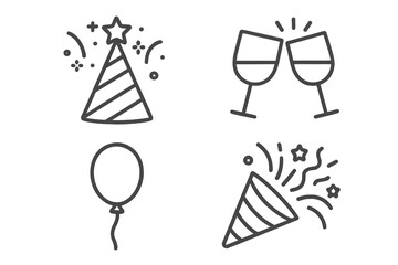 Fototapete - Celebration and party line icon set. Vector graphics for birthday, new year's eve, anniversary. Minimalist outline symbols: party hat, champagne toast, balloon, popper.