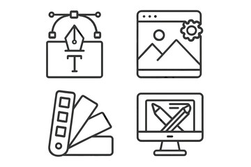 Fototapete - Graphic design line icon set. Vector symbols for web, UI UX, and apps. Includes pen tool for vectors, typography, color swatch guide, and digital illustration monitor.