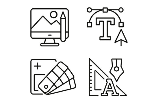 Graphic design line icon set. Vector collection of creative tools for digital art, illustration, and web design. Includes typography, color palette, and drawing symbols.