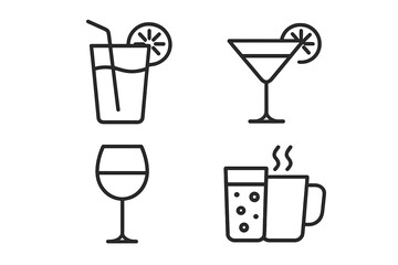 Fototapete - Vector drink icons set. Linear outline symbols for bar or cafe menu. Cocktail, wine glass, juice, soda, hot beverage. Minimalist pictogram collection illustration.