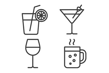 Fototapete - Drink and beverage line icon set. Collection of outline pictograms in a thin, linear style. Includes cocktail, wine, juice, soda, hot drink. Vector symbols for menu.