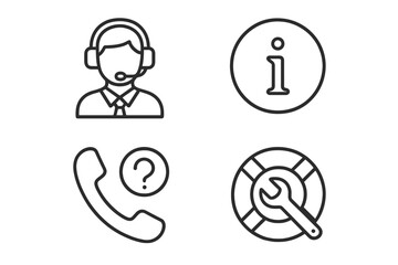 Poster - Customer service line icon set. Technical support, helpdesk, and call center assistance concepts. Vector outline symbols for contact us, FAQ, and user information guide.