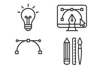 Fototapete - Graphic design line icon set. Vector illustration pictogram collection. Idea lightbulb, pen tool, bezier curve, creative tools. For designer, artist, UI, UX, web design.