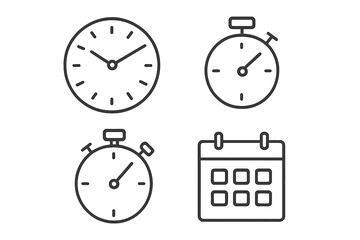 Poster - Time management icon set. Clock, timer, stopwatch, and calendar line icons. Vector symbols for deadline, schedule, date, and planning. Outline pictogram collection for UI.