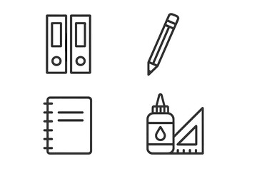 Fototapete - Stationery line icon set. Office and school supplies collection. Minimal outline pictograms for documentation and study. Vector symbols of binder, pencil, notebook, glue, ruler.