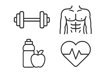 Poster - Gym and fitness line icon set. Workout and healthy lifestyle outline pictograms. Vector collection of sports symbols like dumbbell, treadmill, water bottle, and stopwatch.