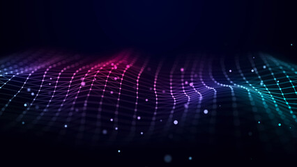 Poster - Futuristic wave of musical particles. Stream of running data. 3D rendering