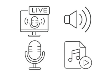 Fototapete - Podcast and broadcasting line icon set. Live streaming and sound recording linear symbols. Microphone, speaker volume, audio file pictogram collection for web and apps.