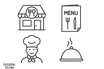 Poster - Restaurant line icon set. Food service linear pictograms. Chef, menu, cafe storefront and hot dish on a platter. Cooking, catering and gourmet meal vector symbols.