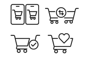 Poster - E-commerce shopping cart outline icon set. Vector icons for online store UI, mobile app. Compare products, wishlist, add to cart, checkout, and favorites symbols.