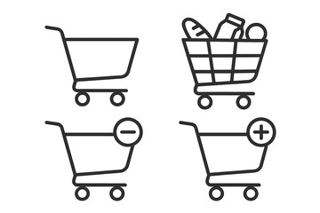 Poster - E-commerce shopping cart icon set. Add to cart, remove item button. Empty, full basket. Online store checkout symbol. Web purchase concept. Vector outline UI UX element.
