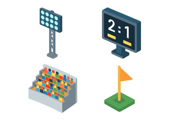 Aufkleber - Stadium isometric icon set. Sport infographic elements. Vector collection with digital scoreboard, lights, crowd stands, and field marker. For football or soccer game.