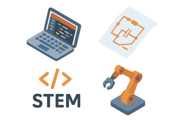 Poster - STEM education icon set. Isometric vector illustration of laptop with code, circuit schematic, and robotic arm. Science, technology, engineering, and math concept.